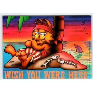 Vintage Garfield Postcard "Wish You Were Here" Island Shark Fishbones Palms 1978